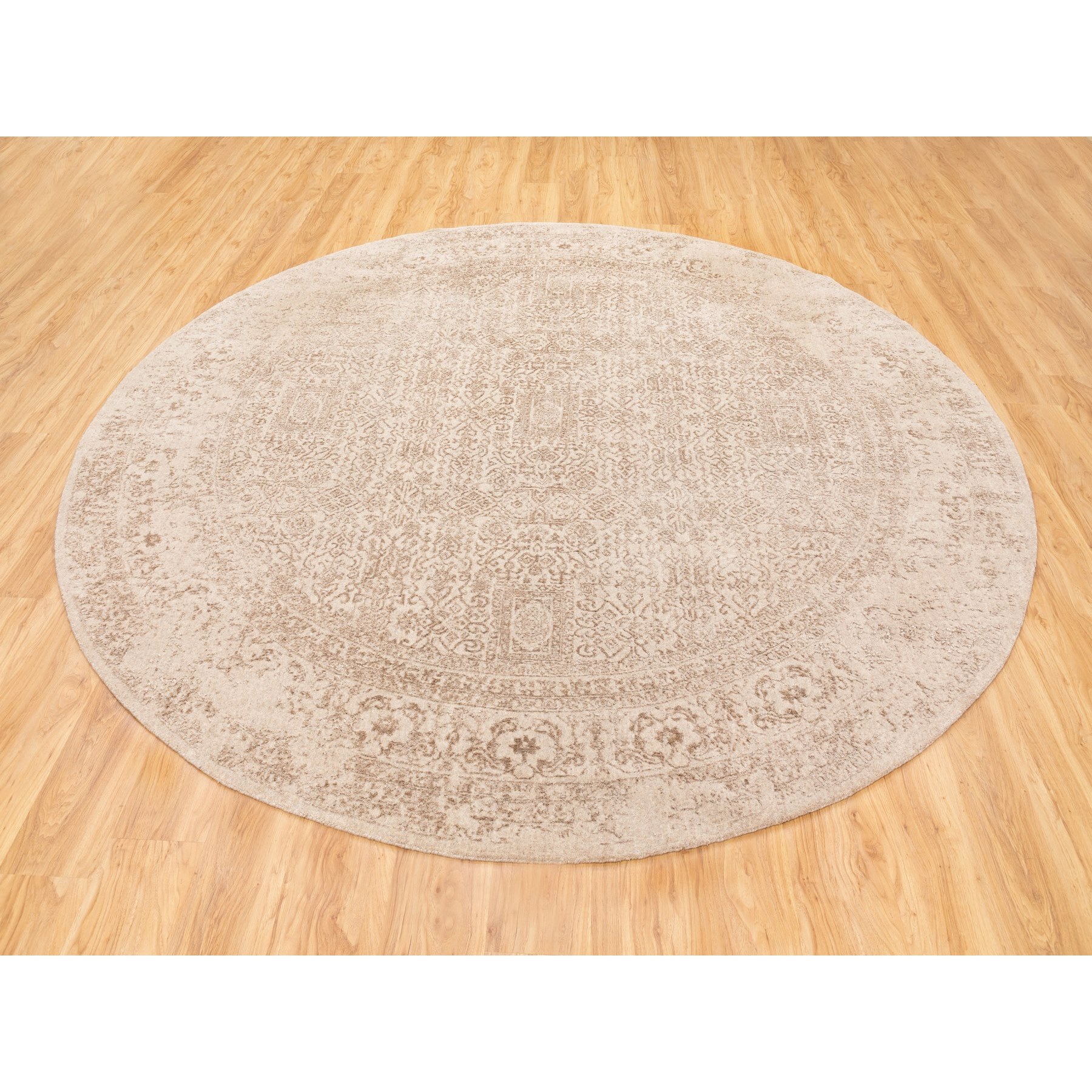 9'10"x9'10" Round Taupe Fine Jacquard Hand Loomed Wool And Art Silk